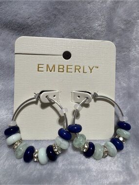Emberly Navy and Pale Green Beaded Hoop Earrings